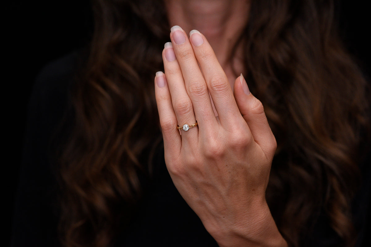 Pebble &amp; Polish Original: Petite Two-Tone Engagement Ring with an Elongated Old Mine Cut Diamond