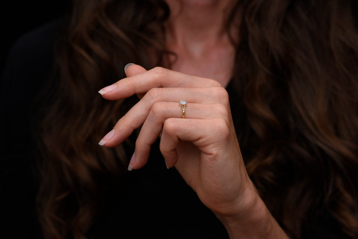 Pebble &amp; Polish Original: Petite Two-Tone Engagement Ring with an Elongated Old Mine Cut Diamond