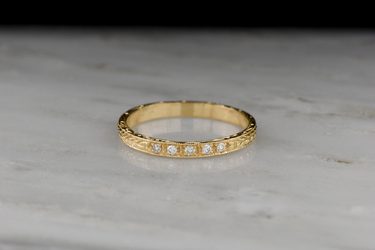 Pebble &amp; Polish Original: Five-Stone Wedding Band with Single Cut Diamonds and Ornate Patterning