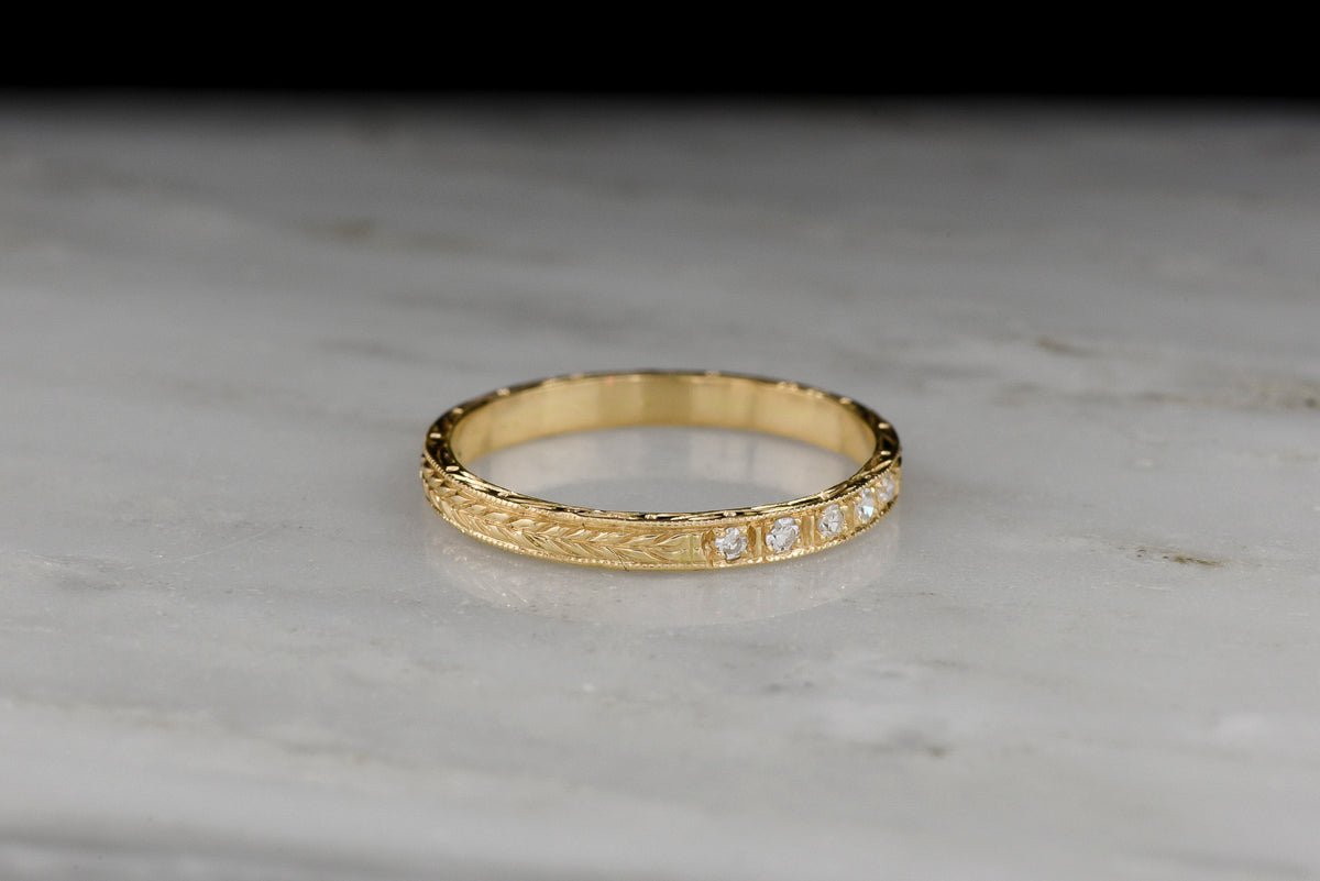 Pebble &amp; Polish Original: Five-Stone Wedding Band with Single Cut Diamonds and Ornate Patterning