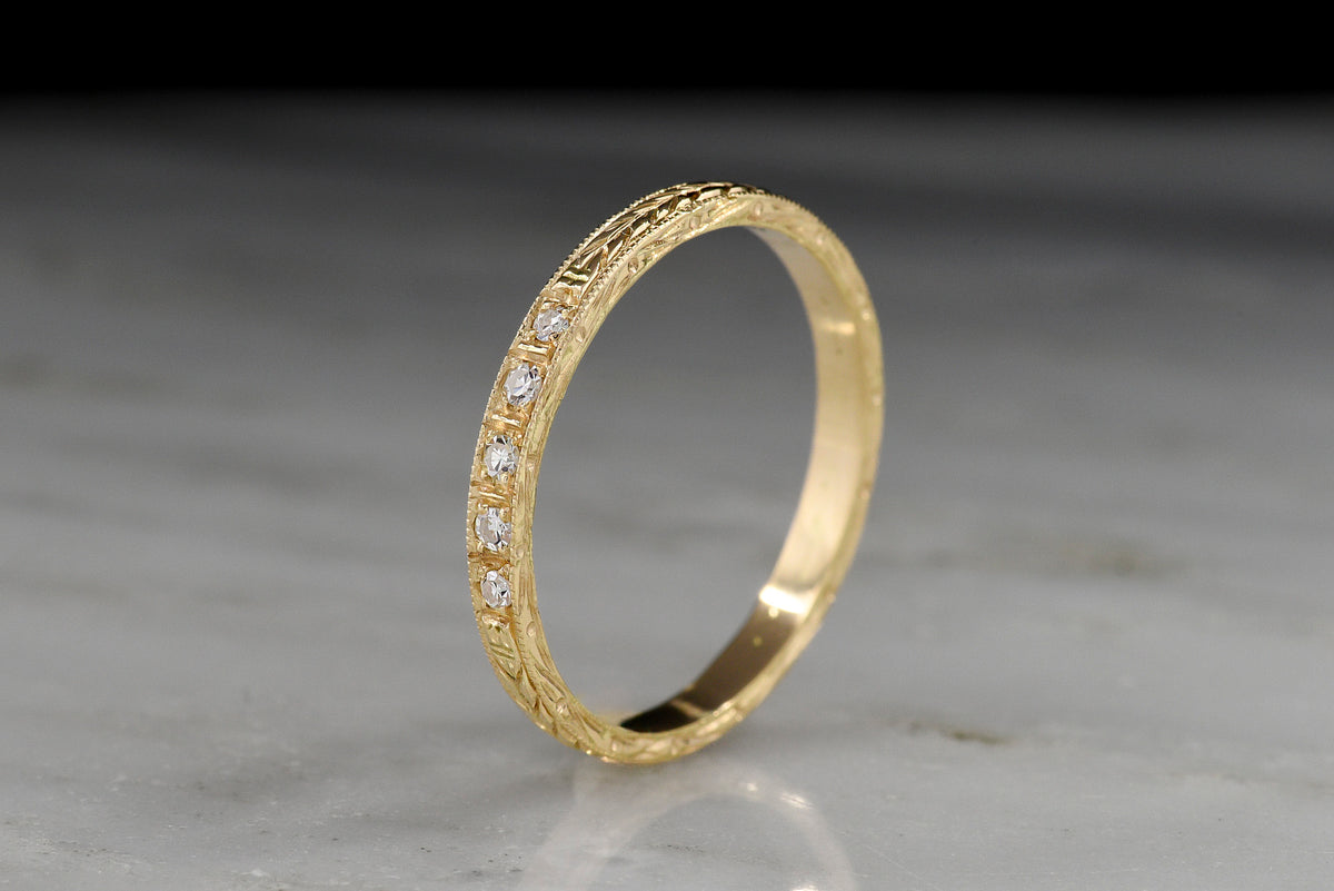 Pebble &amp; Polish Original: Five-Stone Wedding Band with Single Cut Diamonds and Ornate Patterning