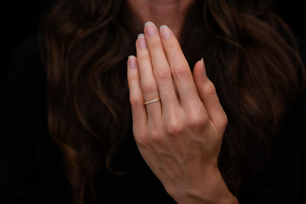 Pebble &amp; Polish Original: Five-Stone Wedding Band with Single Cut Diamonds and Ornate Patterning