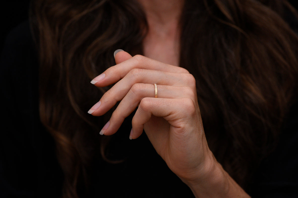 Pebble &amp; Polish Original: Five-Stone Wedding Band with Single Cut Diamonds and Ornate Patterning