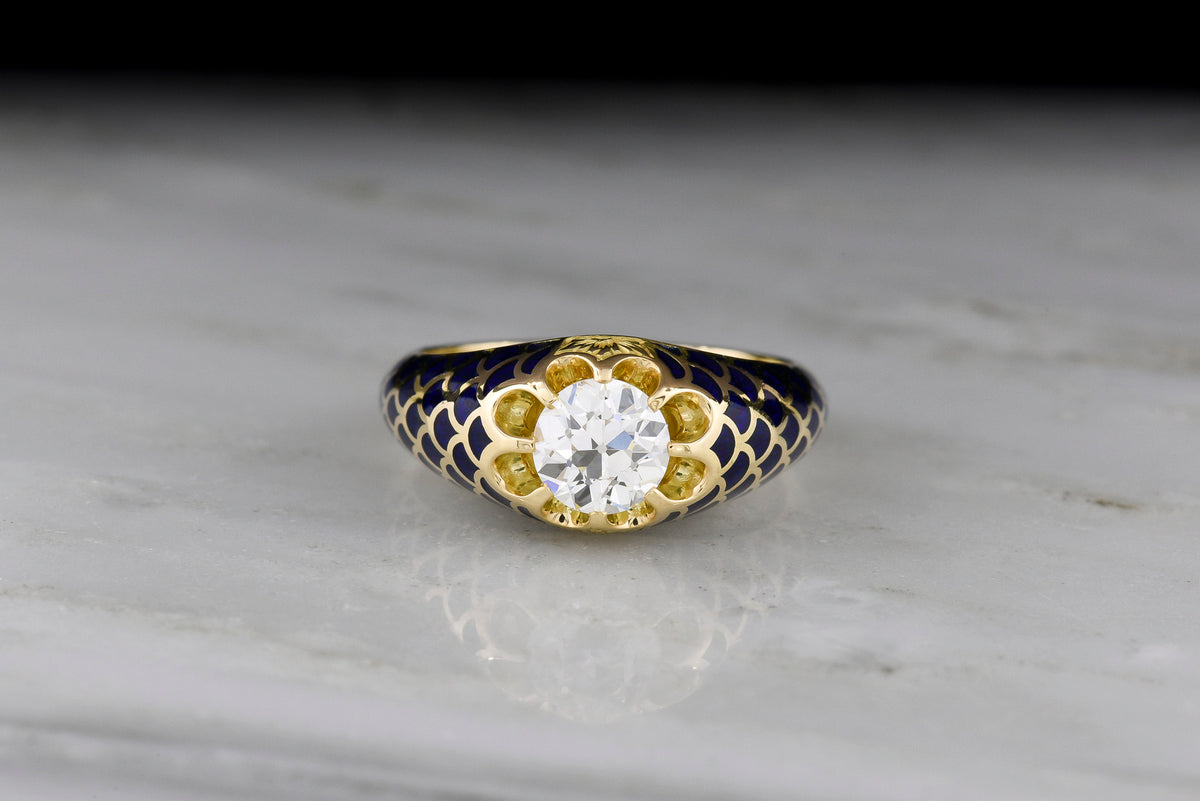 Pebble & Polish Original: 18K Royal Yellow Gold Belcher Ring with Blue Enamel Scallops and an Old Euro Center