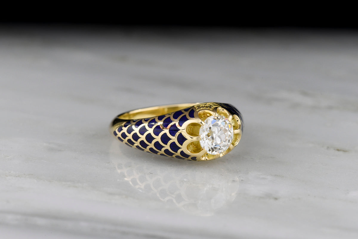 Pebble & Polish Original: 18K Royal Yellow Gold Belcher Ring with Blue Enamel Scallops and an Old Euro Center