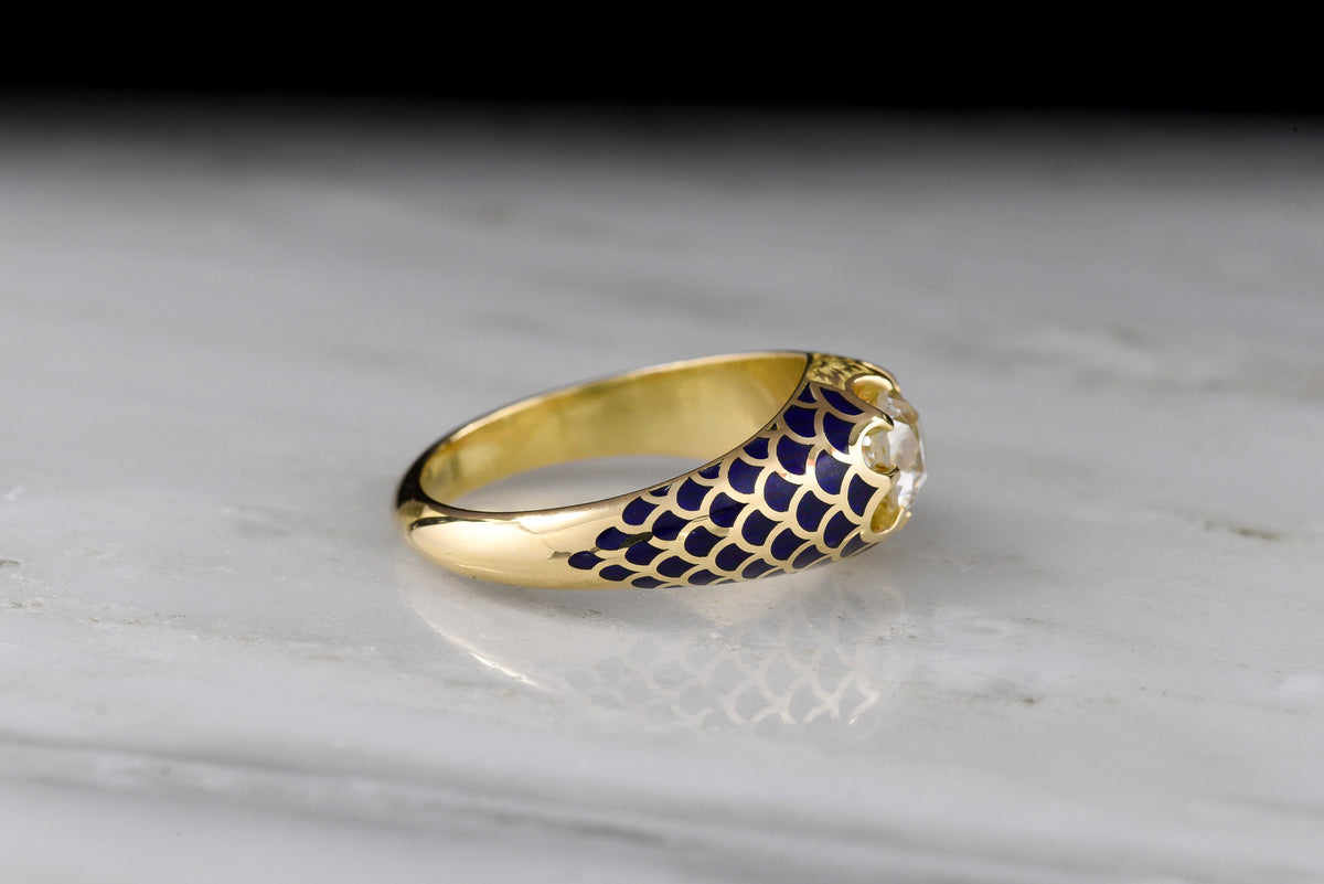 Pebble & Polish Original: 18K Royal Yellow Gold Belcher Ring with Blue Enamel Scallops and an Old Euro Center