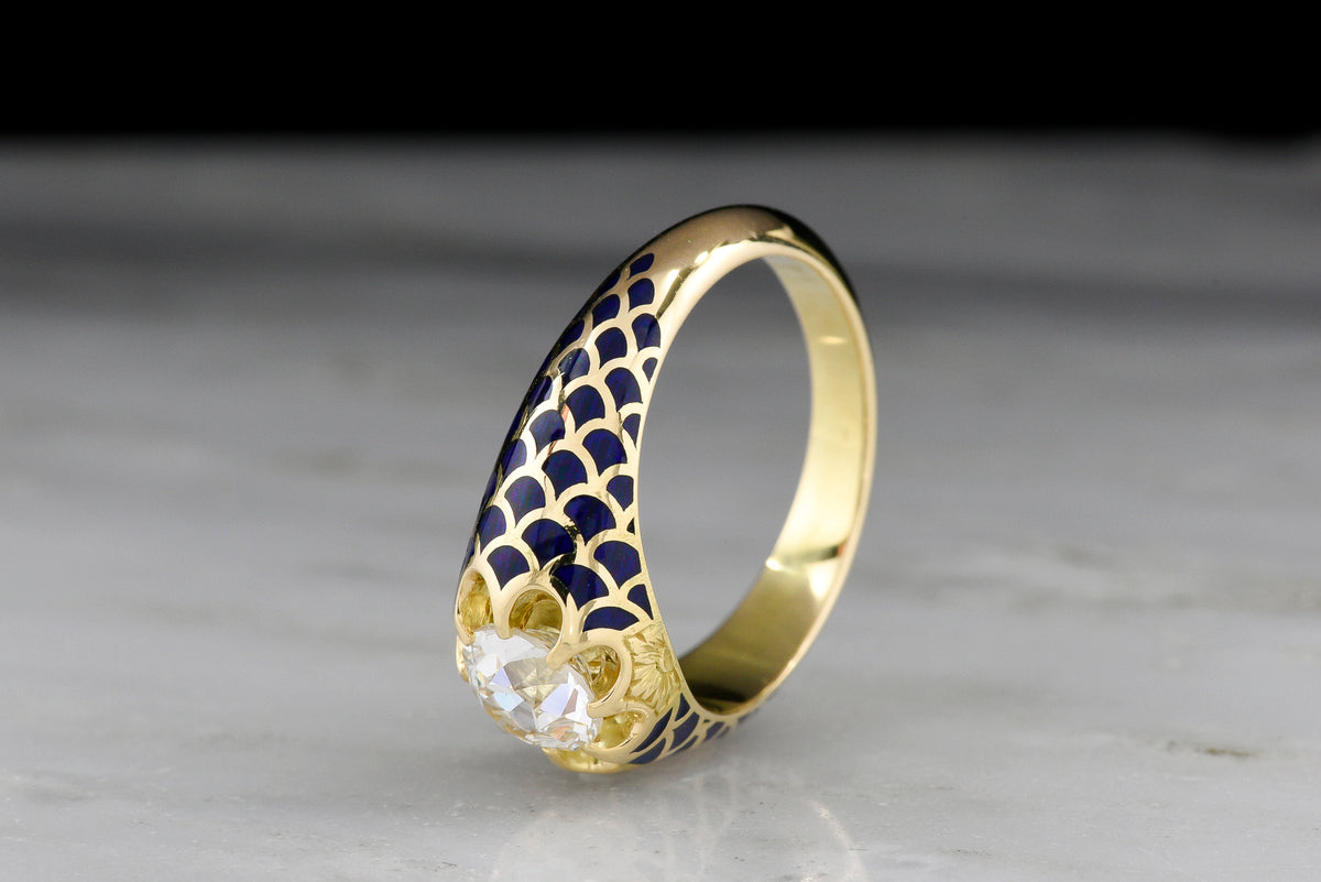 Pebble & Polish Original: 18K Royal Yellow Gold Belcher Ring with Blue Enamel Scallops and an Old Euro Center