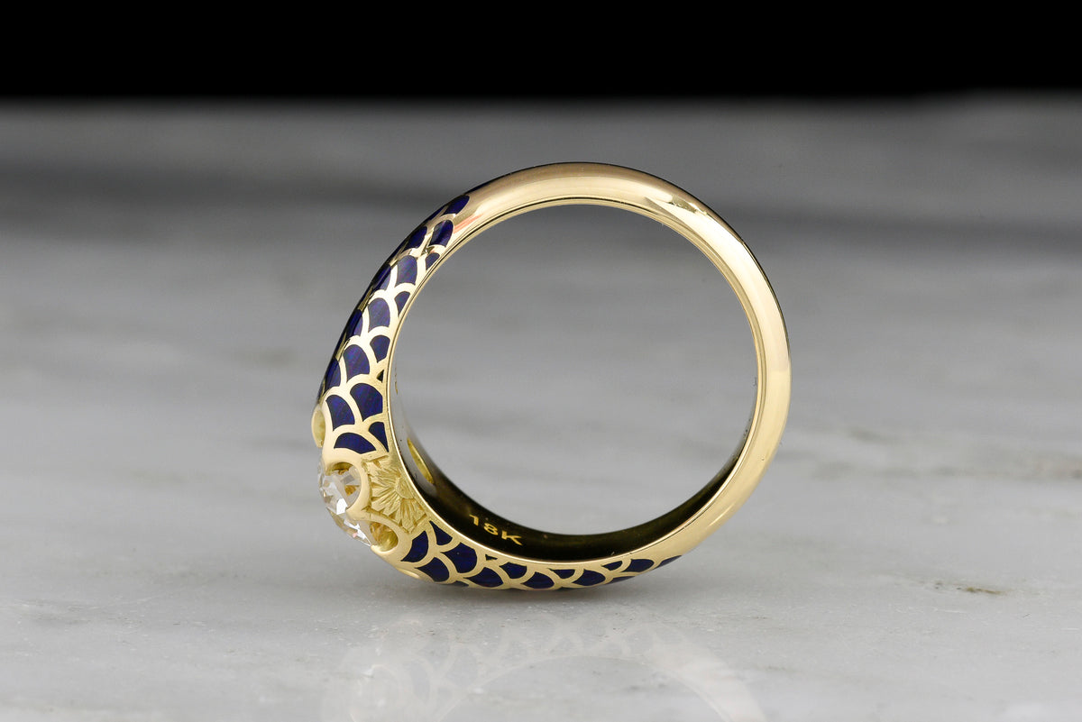 Pebble & Polish Original: 18K Royal Yellow Gold Belcher Ring with Blue Enamel Scallops and an Old Euro Center