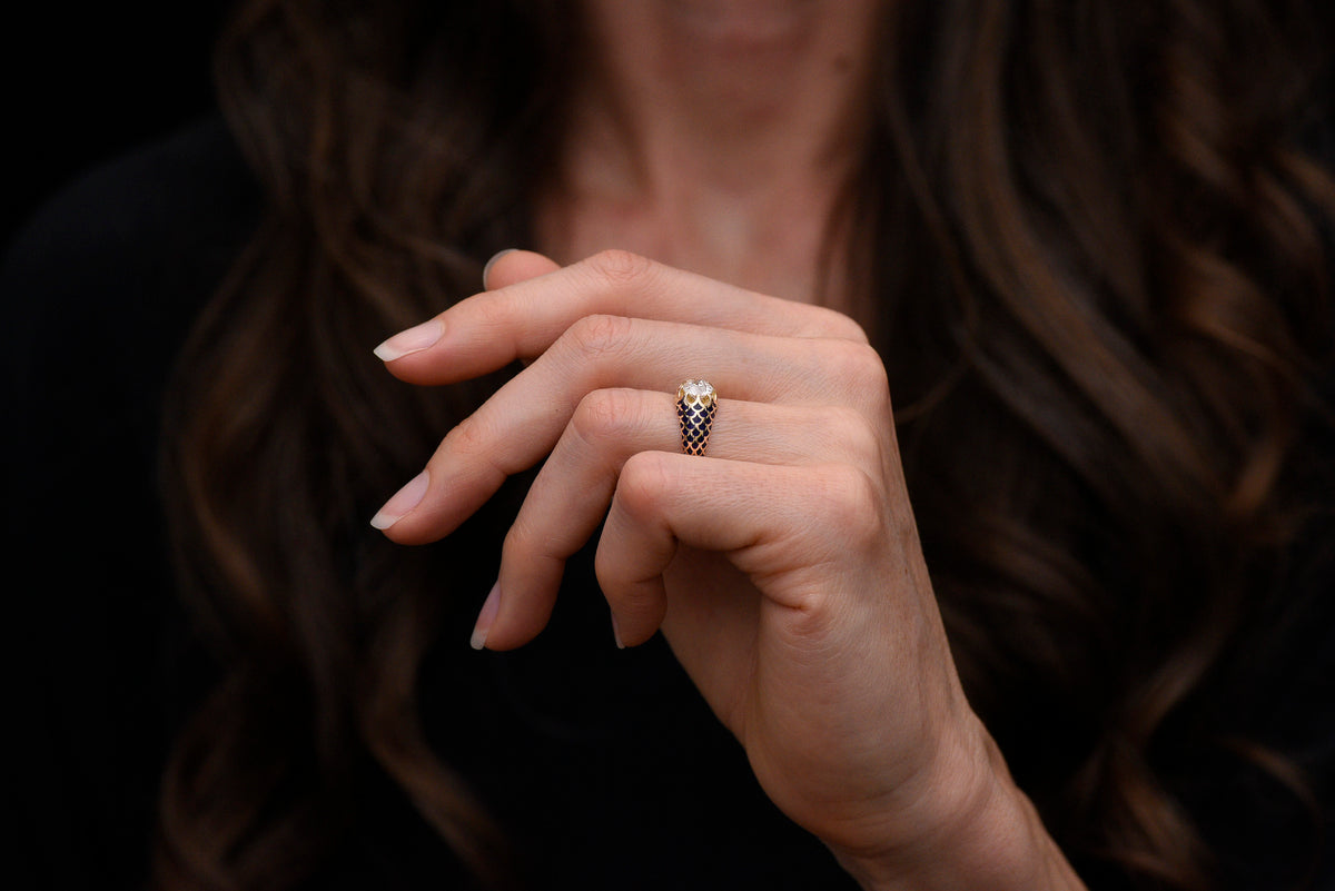Pebble & Polish Original: 18K Royal Yellow Gold Belcher Ring with Blue Enamel Scallops and an Old Euro Center