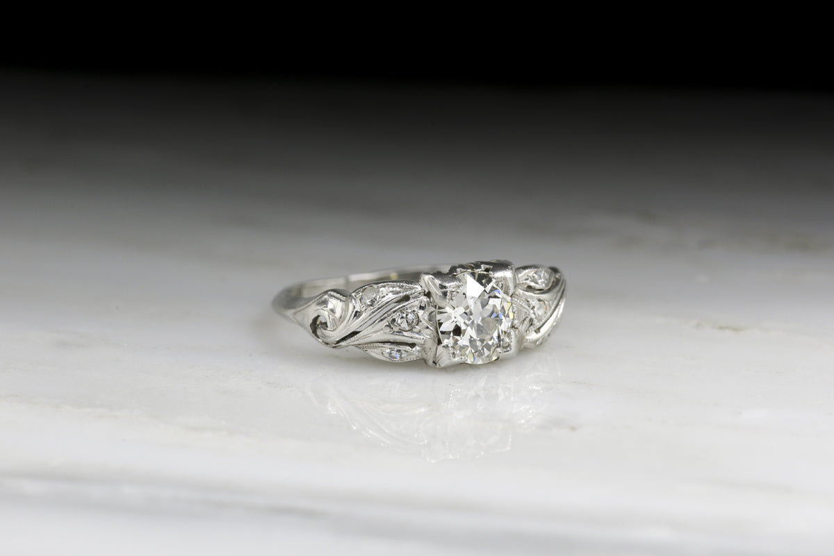Antique Edwardian Platinum Engagement Ring with Early Old European Cut Diamond and Art Nouveau Lines ANSL1