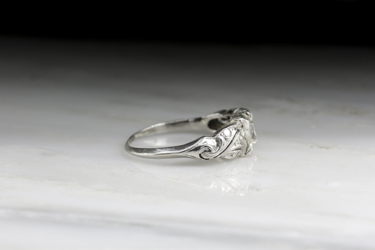 Antique Edwardian Platinum Engagement Ring with Early Old European Cut Diamond and Art Nouveau Lines ANSL1