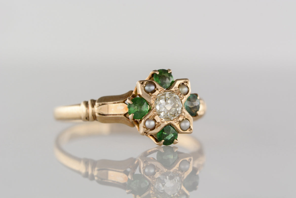 Antique Gypsy / Celtic / Victorian Rose Gold Engagement or Anniversary Ring with .50 Carat Old Mine Cut Diamond, Emeralds, and Seed Pearls