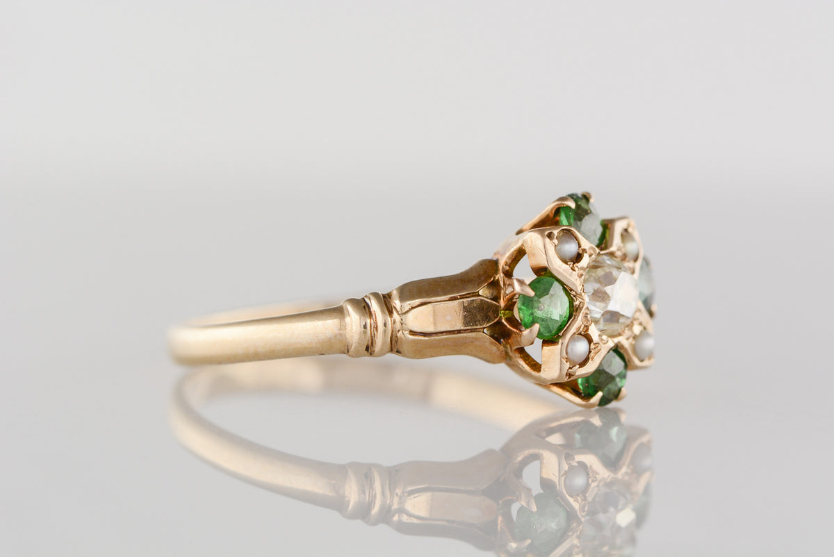 Antique Gypsy / Celtic / Victorian Rose Gold Engagement or Anniversary Ring with .50 Carat Old Mine Cut Diamond, Emeralds, and Seed Pearls