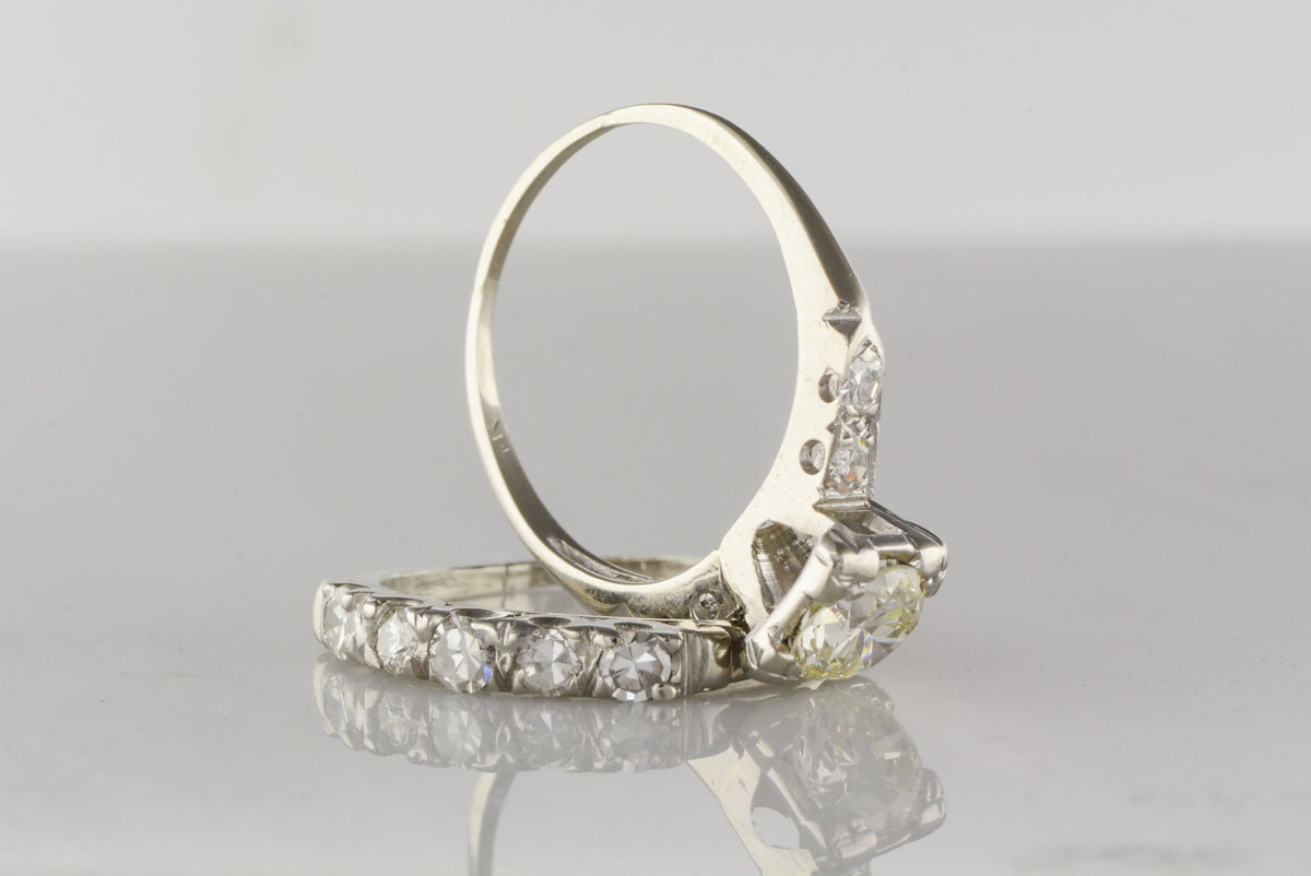Art Deco Engagement Ring and Wedding Band Set: .70 Carat Faint Light Yellow Old European Cut Diamond; .40 ctw Diamond Accents (1.10 ctw)
