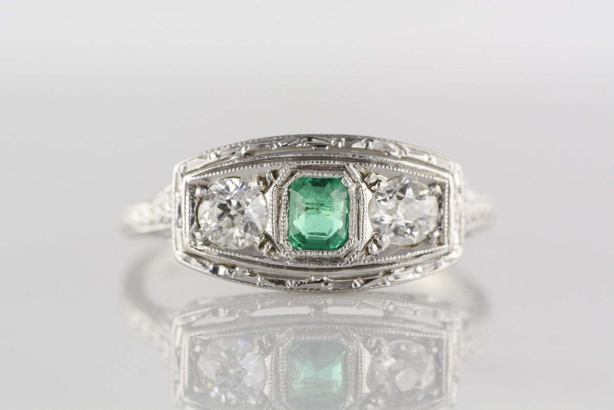 Antique Art Deco / Edwardian Emerald and Diamond Engagement, Anniversary, or Wedding Ring