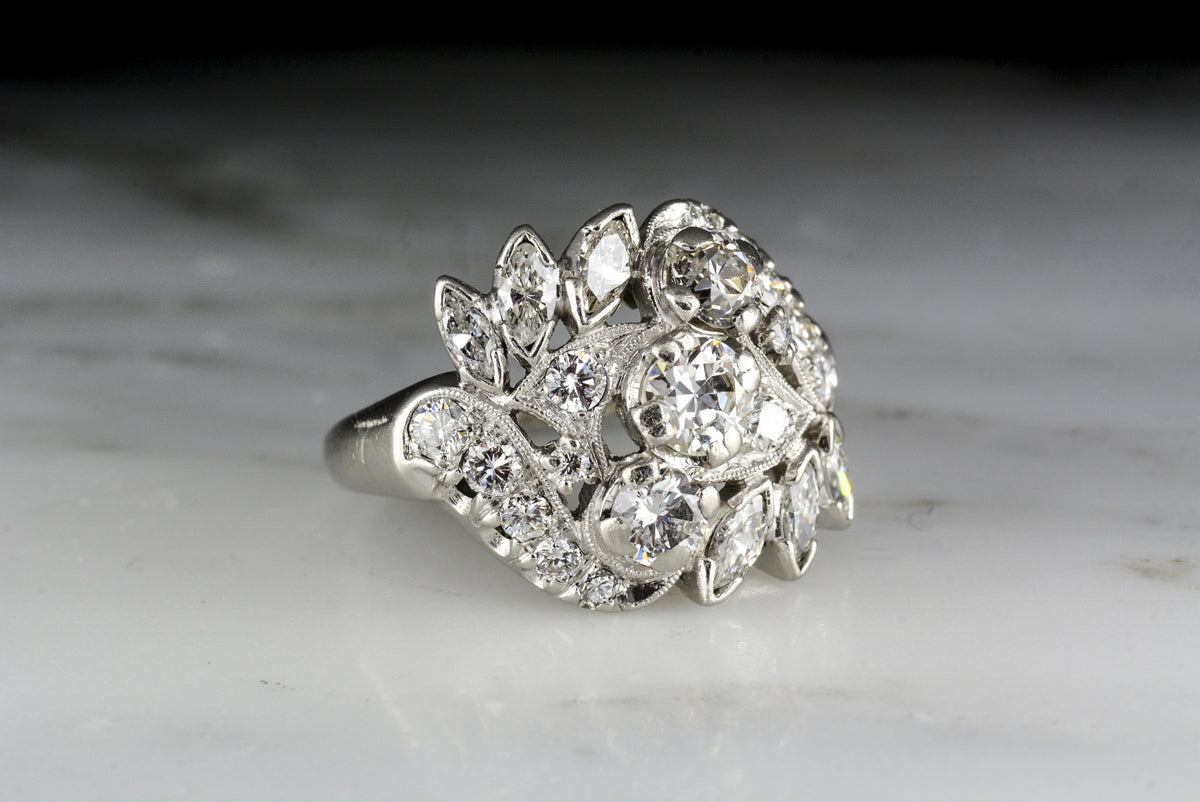 Vintage Art Deco / Retro Platinum Cocktail or Fashion ring with Old European and Marquise Cut Diamonds