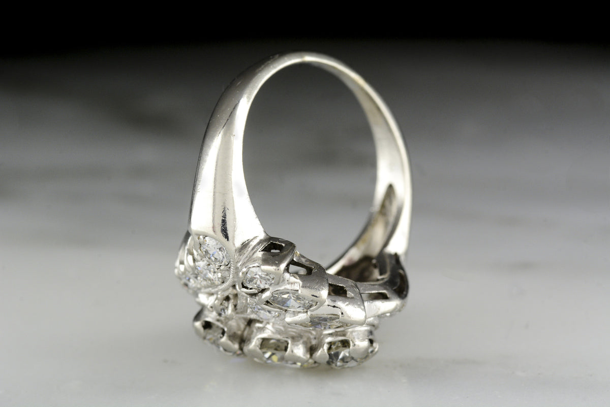 Vintage Art Deco / Retro Platinum Cocktail or Fashion ring with Old European and Marquise Cut Diamonds