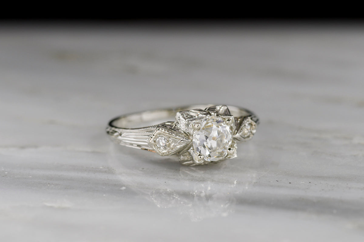 c. 1920s Ornate Post-Edwardian / Art Deco Engagement Ring with an Old Mine Cut Diamond