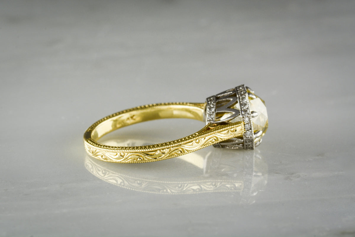 2.22 Carat Fancy Light Yellow Old Mine Cut Diamond in Original 14K Yellow and White Gold Engagement Ring; Antique Parisian Hot Air Balloon Design