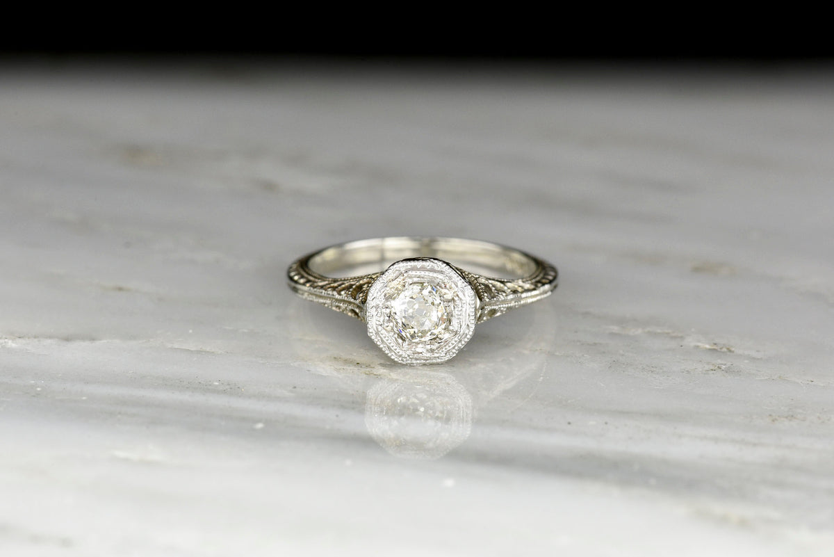 c. 1920s Post-Edwardian Old Mine Cut Diamond Engagement Ring with Ornate Filigree