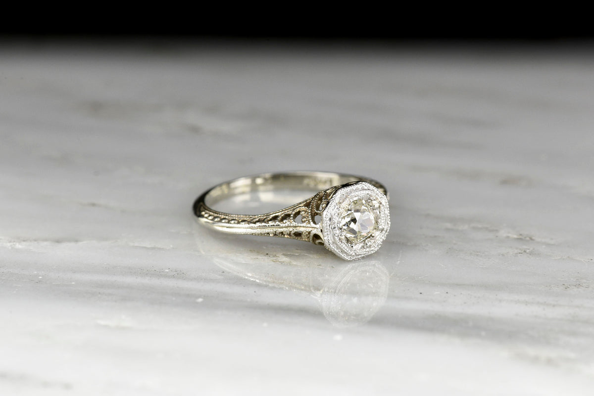 c. 1920s Post-Edwardian Old Mine Cut Diamond Engagement Ring with Ornate Filigree