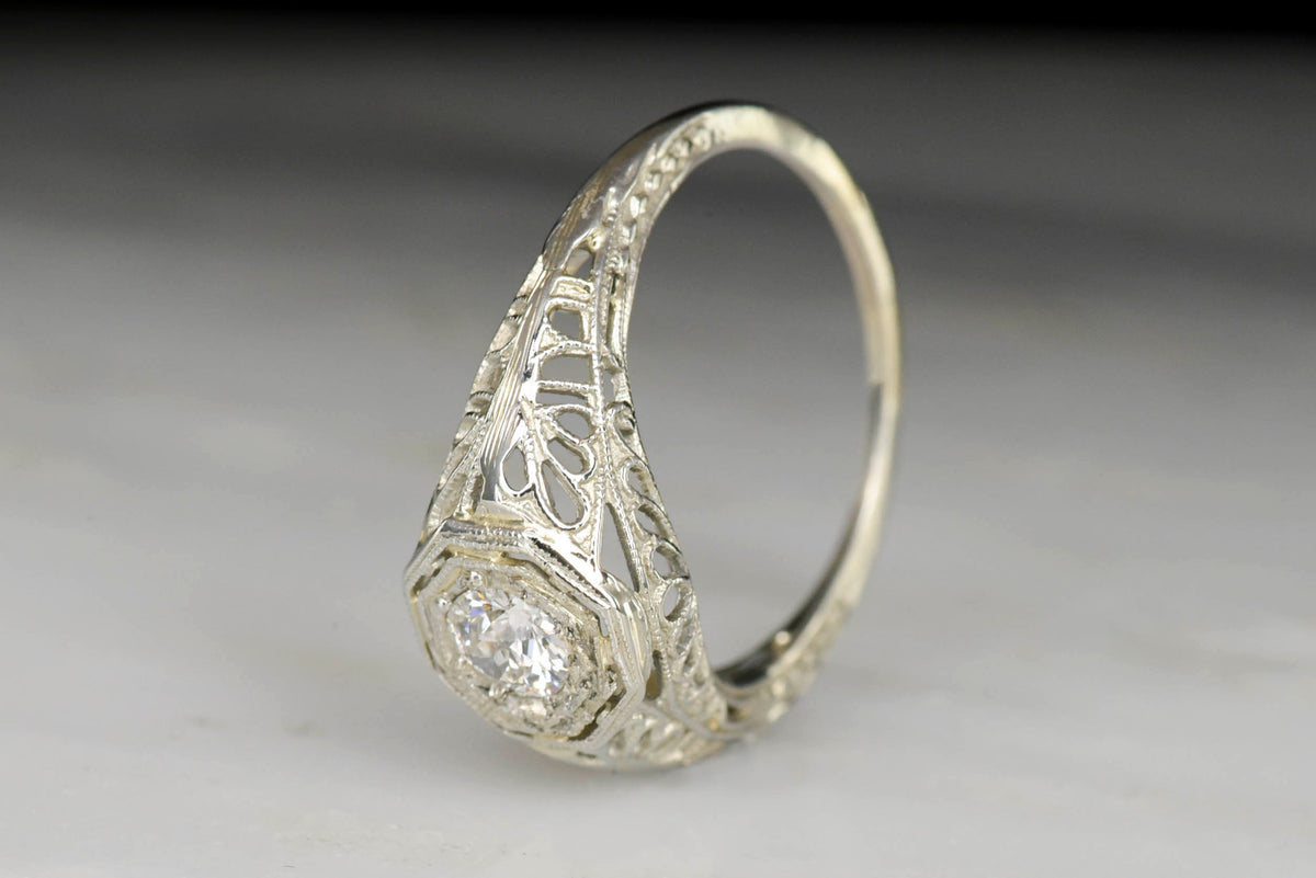 Ornate Open Filigree Edwardian Revival Engagement Ring