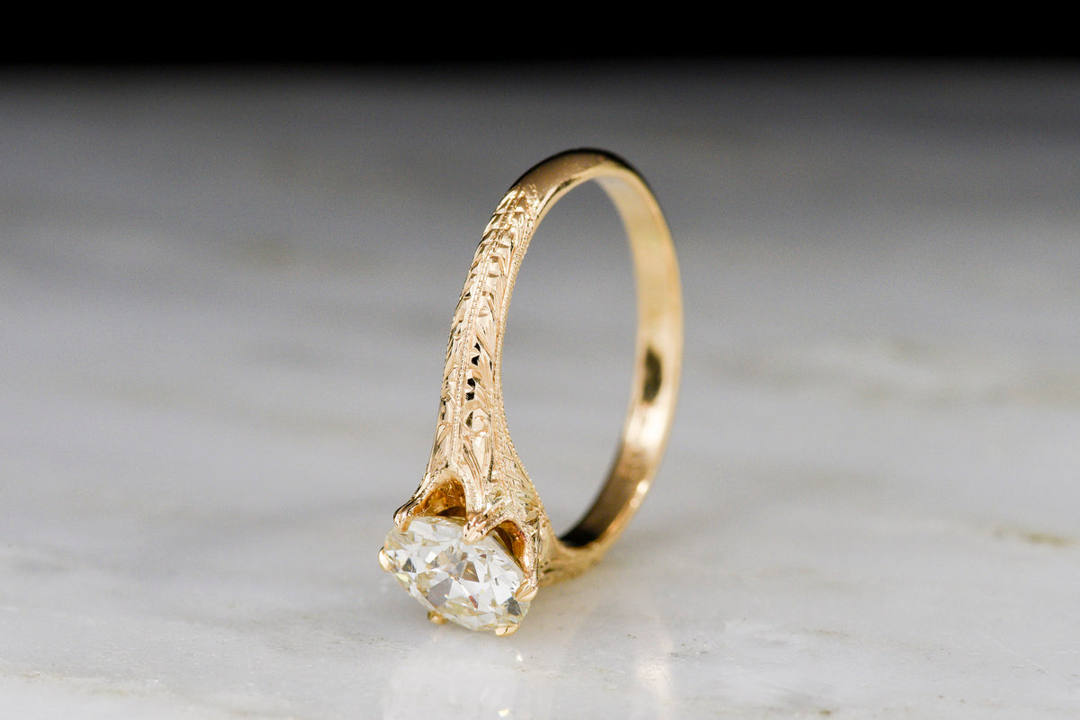 c. Early 1900s Engraved Solitaire Engagement Ring with an Old European Cut Diamond
