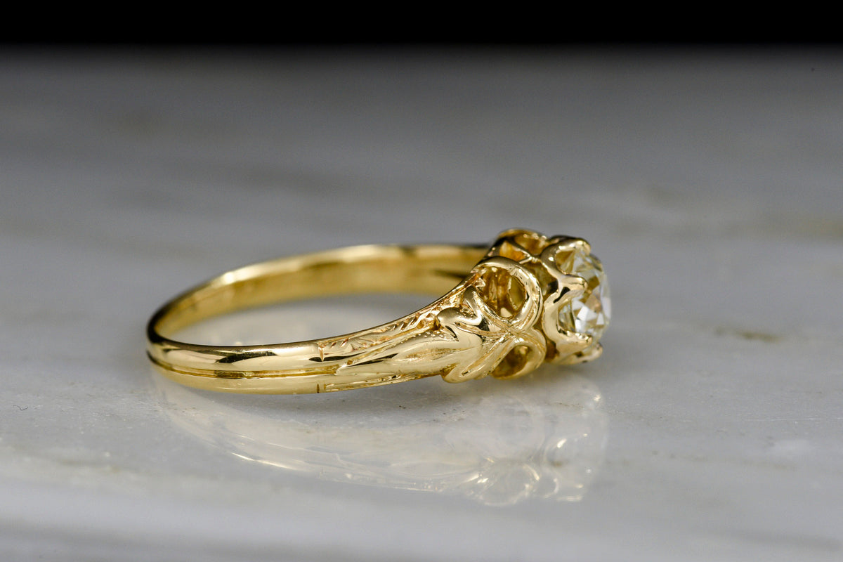 Ornate Yellow Gold and Old European Cut Engagement Ring with Leaf Shoulders and Open Metalwork