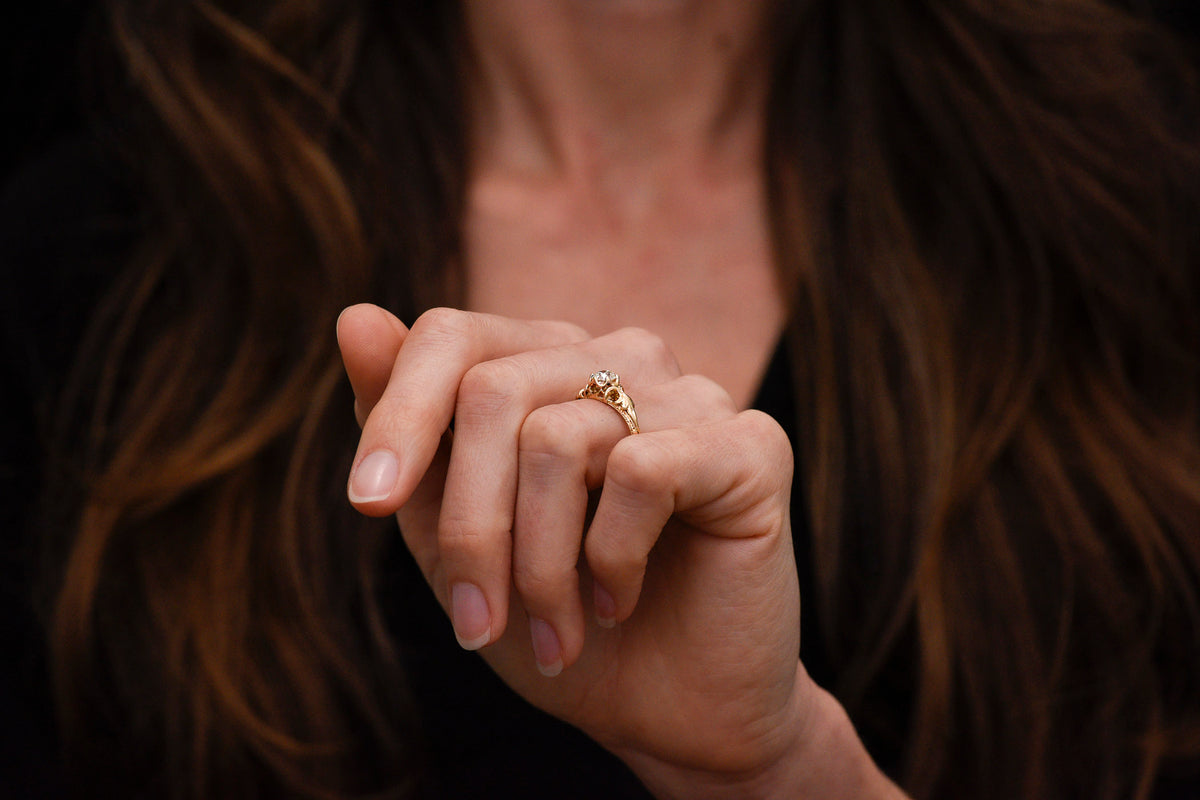 Ornate Yellow Gold and Old European Cut Engagement Ring with Leaf Shoulders and Open Metalwork