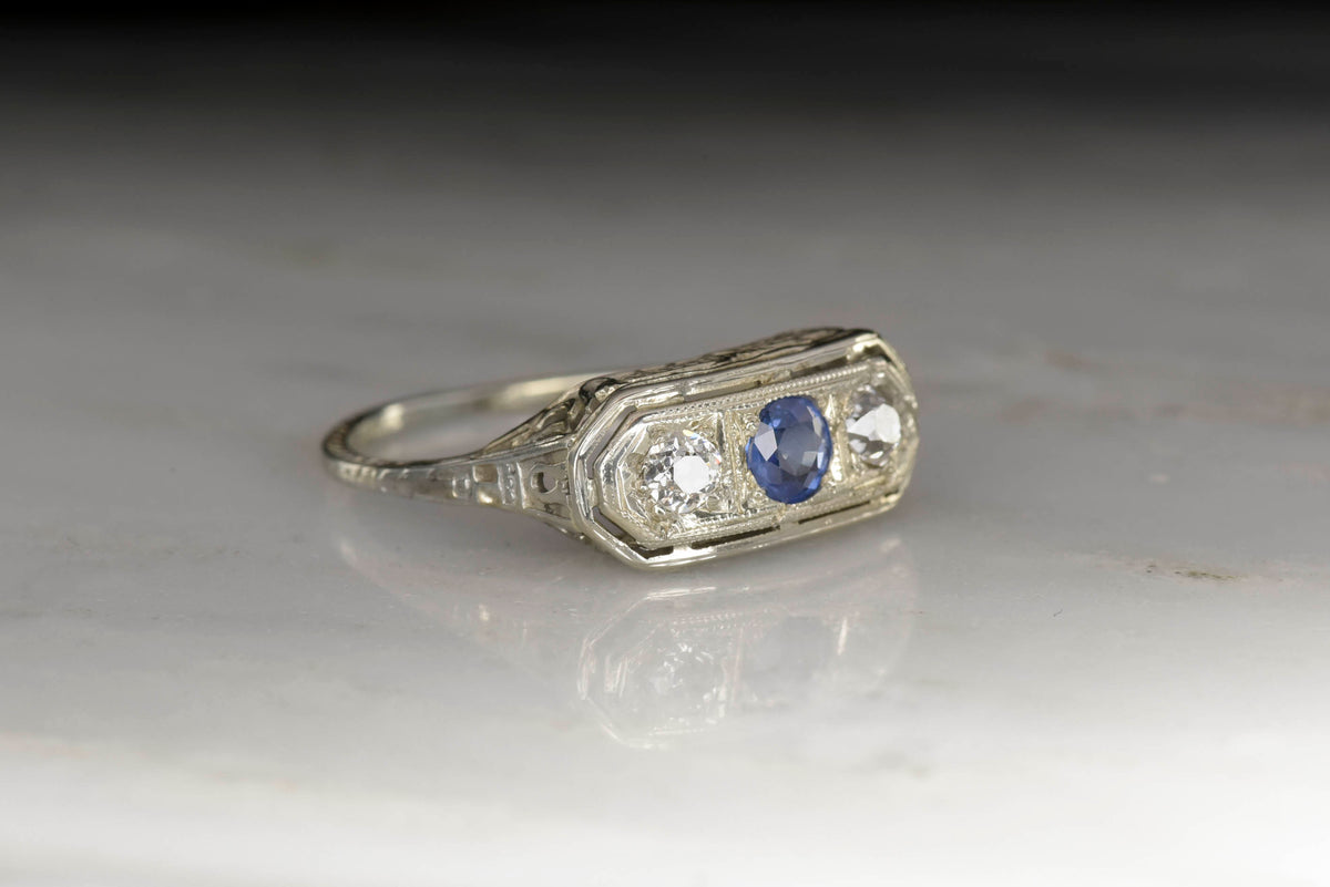 c. 1940s Diamond and Sapphire Ring in Edwardian Revival Style