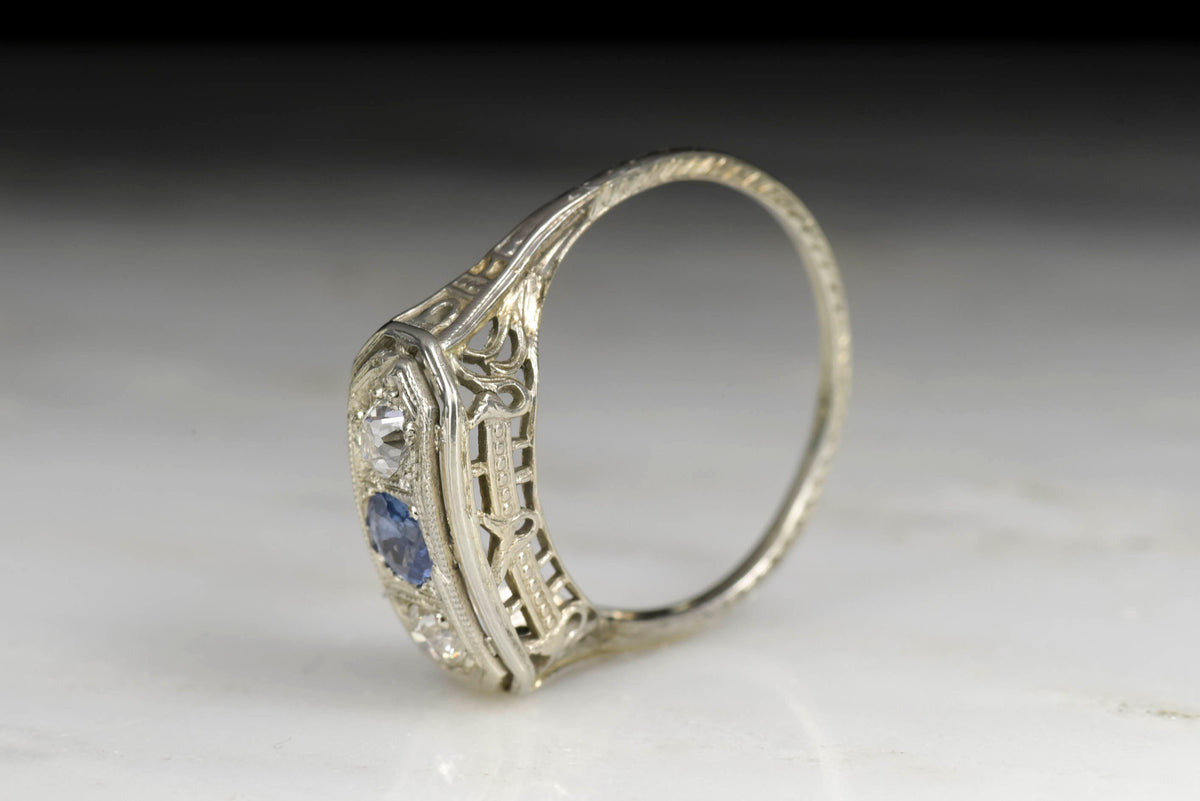 c. 1940s Diamond and Sapphire Ring in Edwardian Revival Style