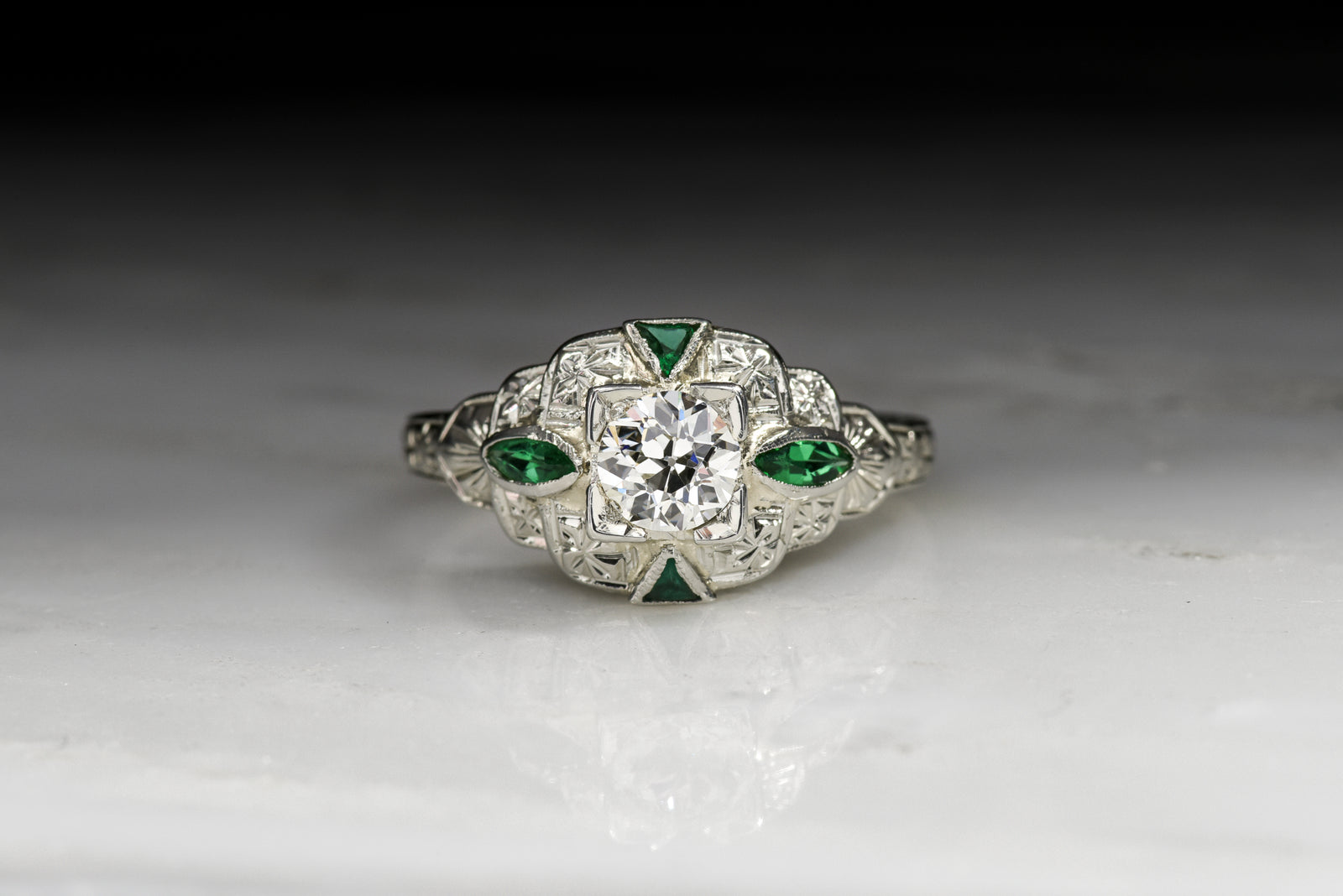 Vintage Art Deco Old European Cut Diamond and Emerald Engagement Ring