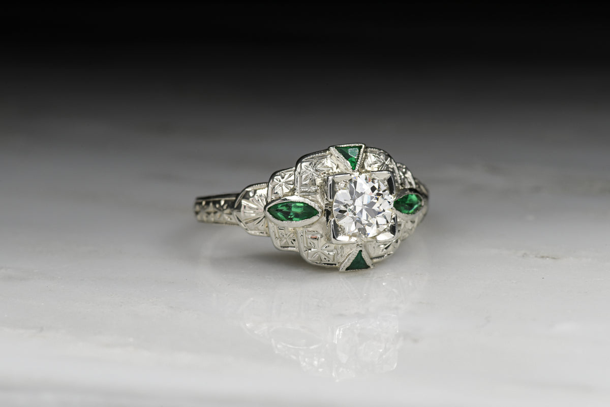 Vintage Art Deco Old European Cut Diamond and Emerald Engagement Ring