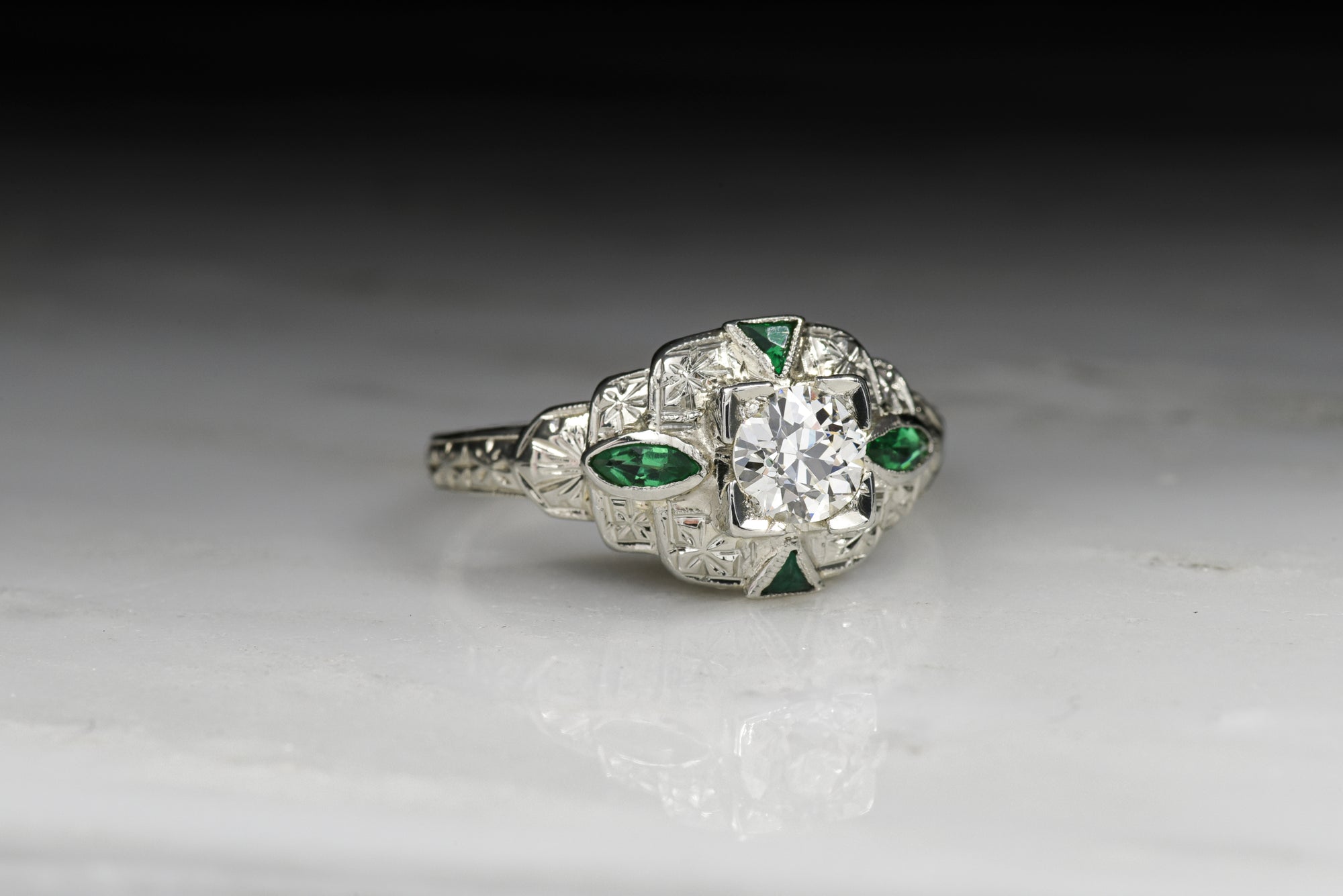 Vintage Art Deco Old European Cut Diamond and Emerald Engagement Ring