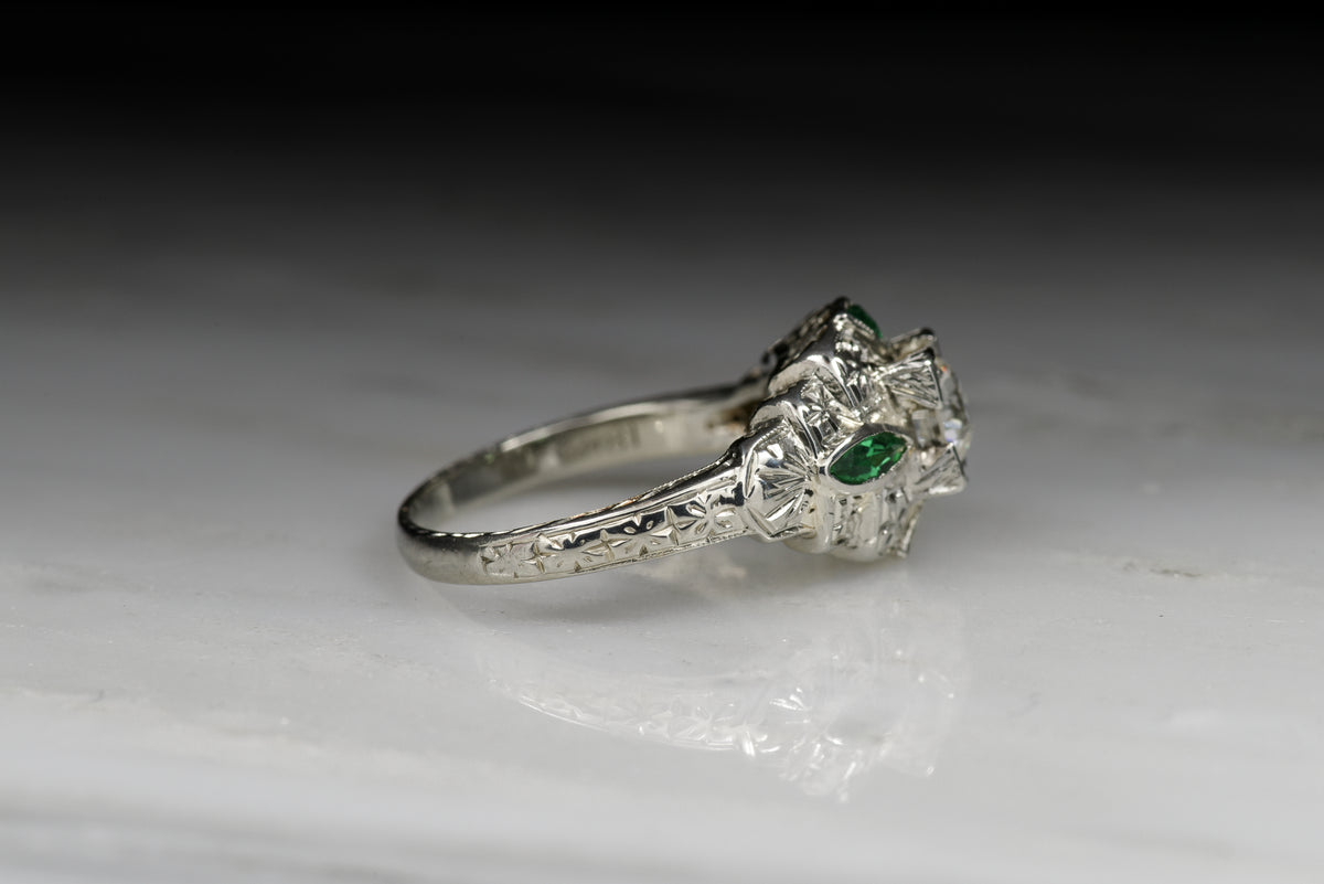 Vintage Art Deco Old European Cut Diamond and Emerald Engagement Ring