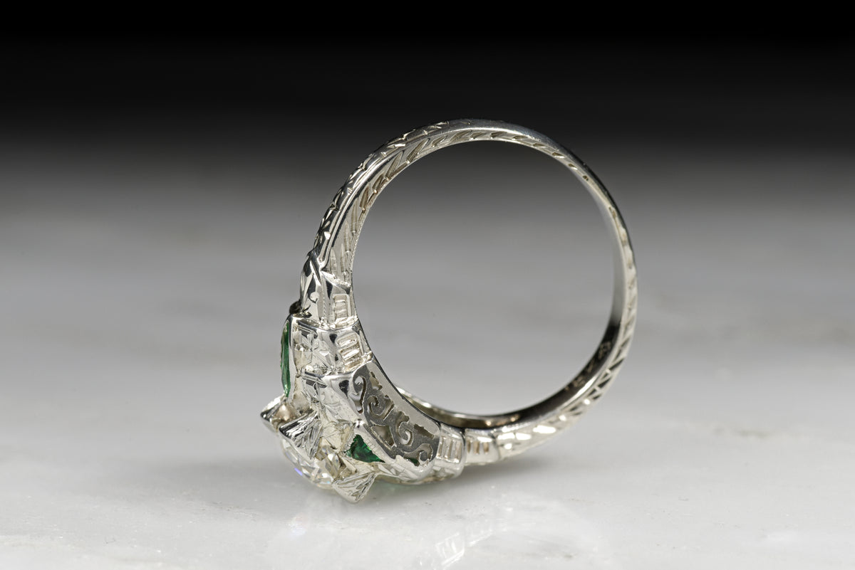 Vintage Art Deco Old European Cut Diamond and Emerald Engagement Ring