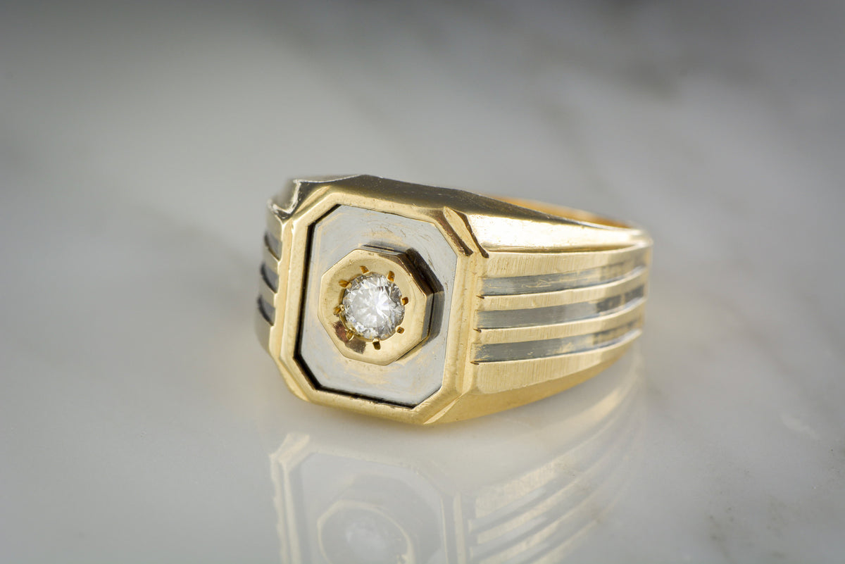 Vintage Men&#39;s &quot;LeMans&quot; Wedding Band or Pinky Ring with .25 Carat Diamond in 14K Yellow Gold