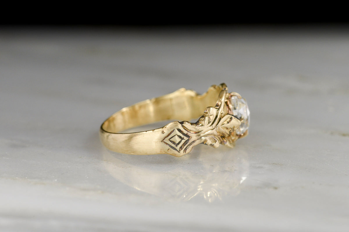 Mid-1800s Round Rose Cut Diamond Ring with Romanesque-Styled Shoulders