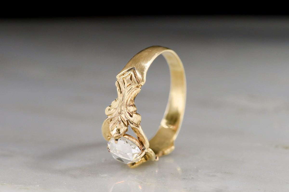 Mid-1800s Round Rose Cut Diamond Ring with Romanesque-Styled Shoulders