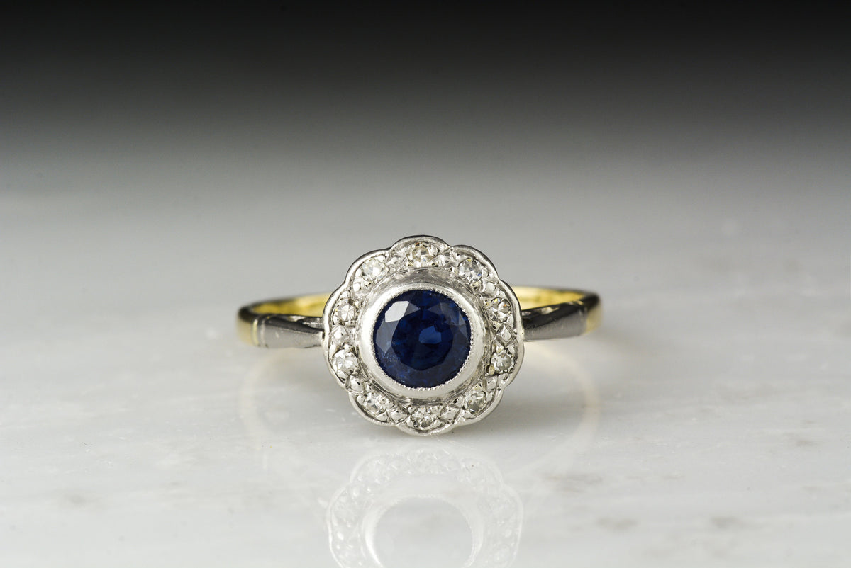 Antique Victorian Gold, Platinum, Sapphire, and Diamond Halo Engagement or Anniversary Ring