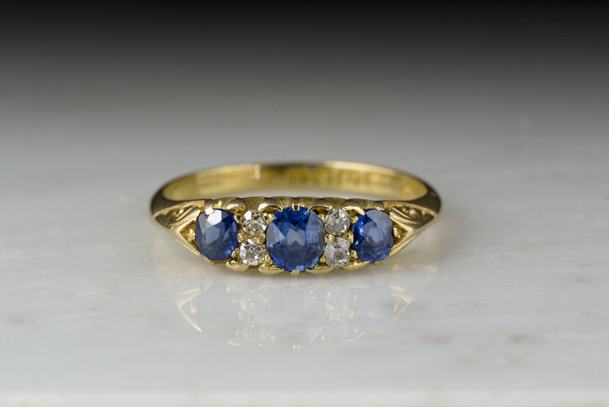 Antique 1896 Victorian Ceylon Sapphire and Old Mine Cut Diamond Wedding Band or Anniversary Ring