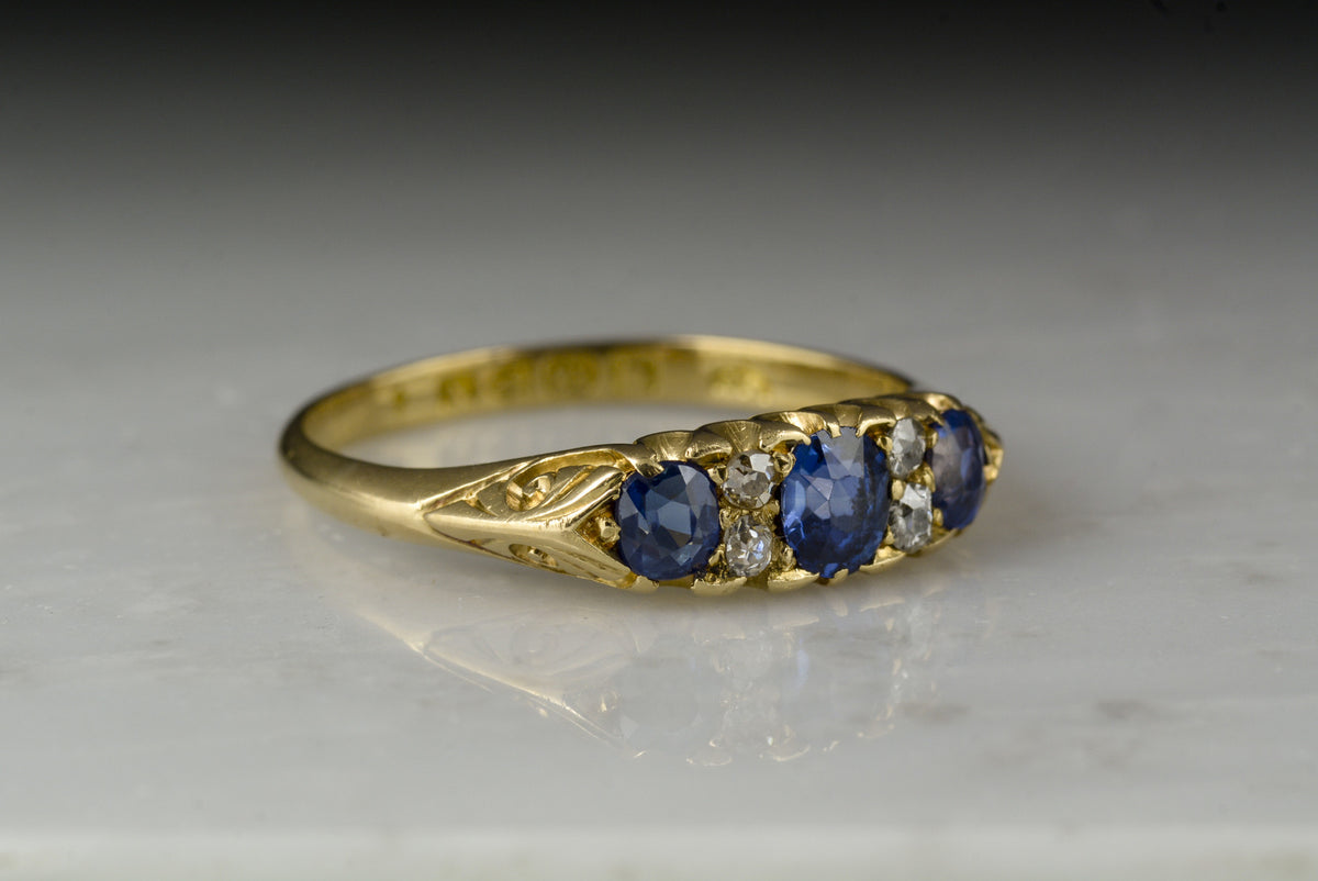 Antique 1896 Victorian Ceylon Sapphire and Old Mine Cut Diamond Wedding Band or Anniversary Ring
