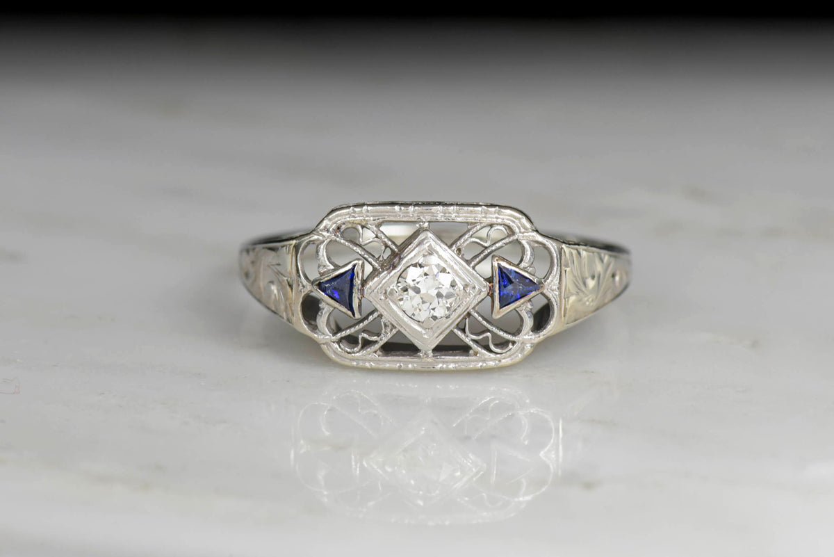 Open Filigree Diamond and Sapphire Right-Hand Ring