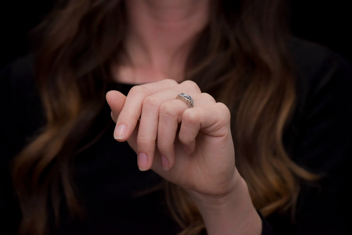 Open Filigree Diamond and Sapphire Right-Hand Ring