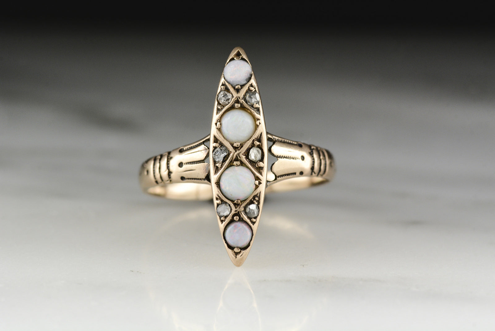 Antique Victorian Marquise / Navette Opal and Antique Rose Cut Diamond Ring