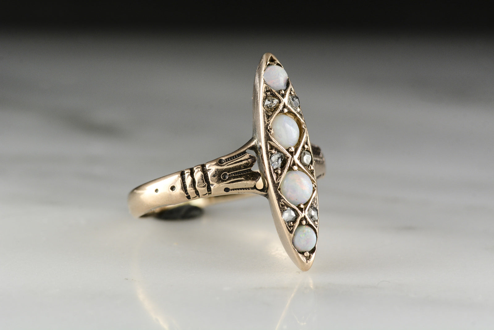 Antique Victorian Marquise / Navette Opal and Antique Rose Cut Diamond Ring