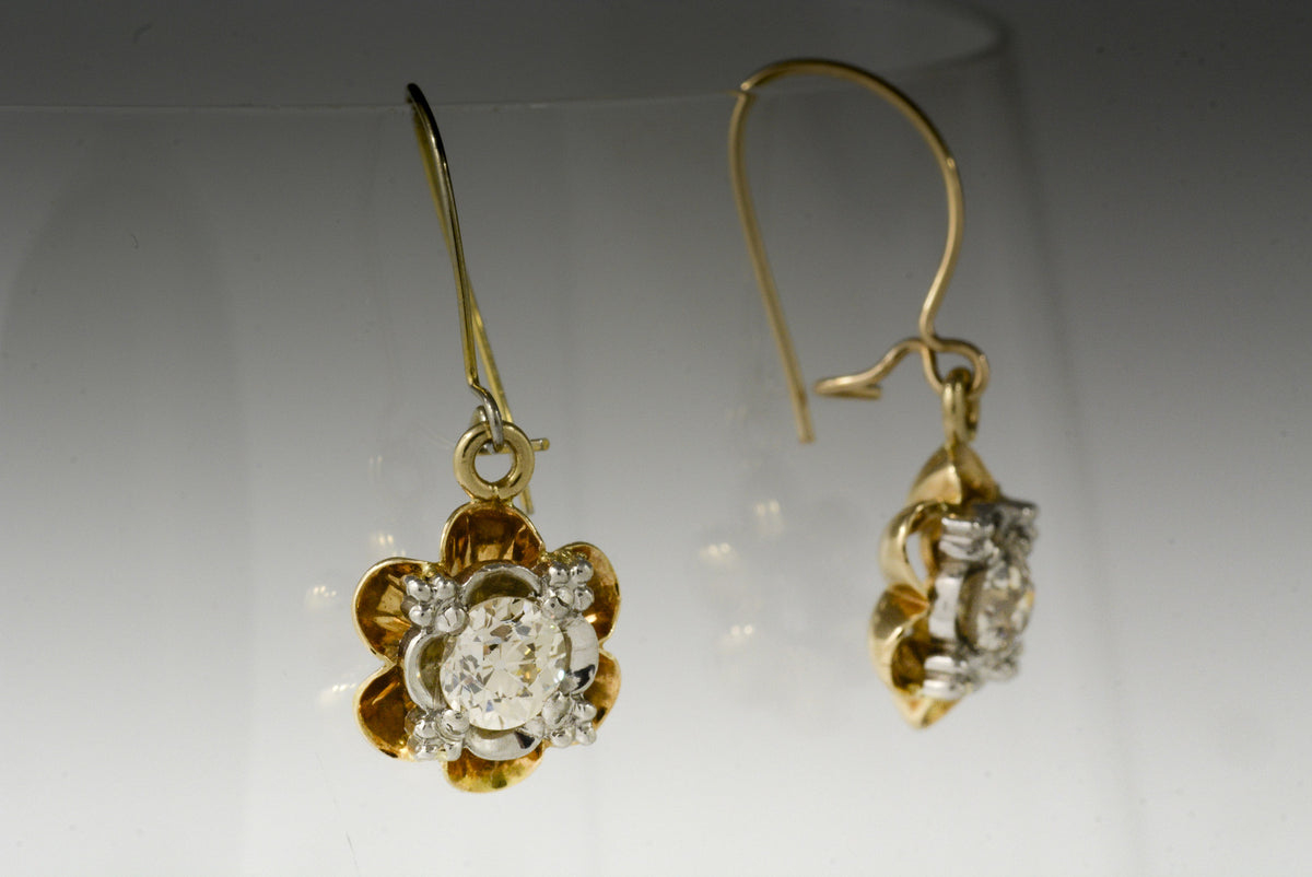 Antique Victorian 1.00 ctw Old European / Old Mine Cut Diamond, Gold, and Platinum Buttercup Dangle Earrings