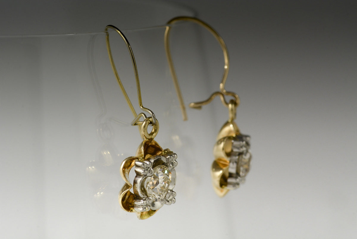 Antique Victorian 1.00 ctw Old European / Old Mine Cut Diamond, Gold, and Platinum Buttercup Dangle Earrings