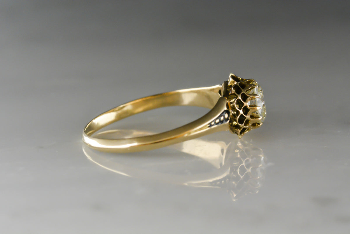 Rare Antique Georgian - Victorian Old European Cut Diamond Engagement Ring in Rose Gold with Black Enamel