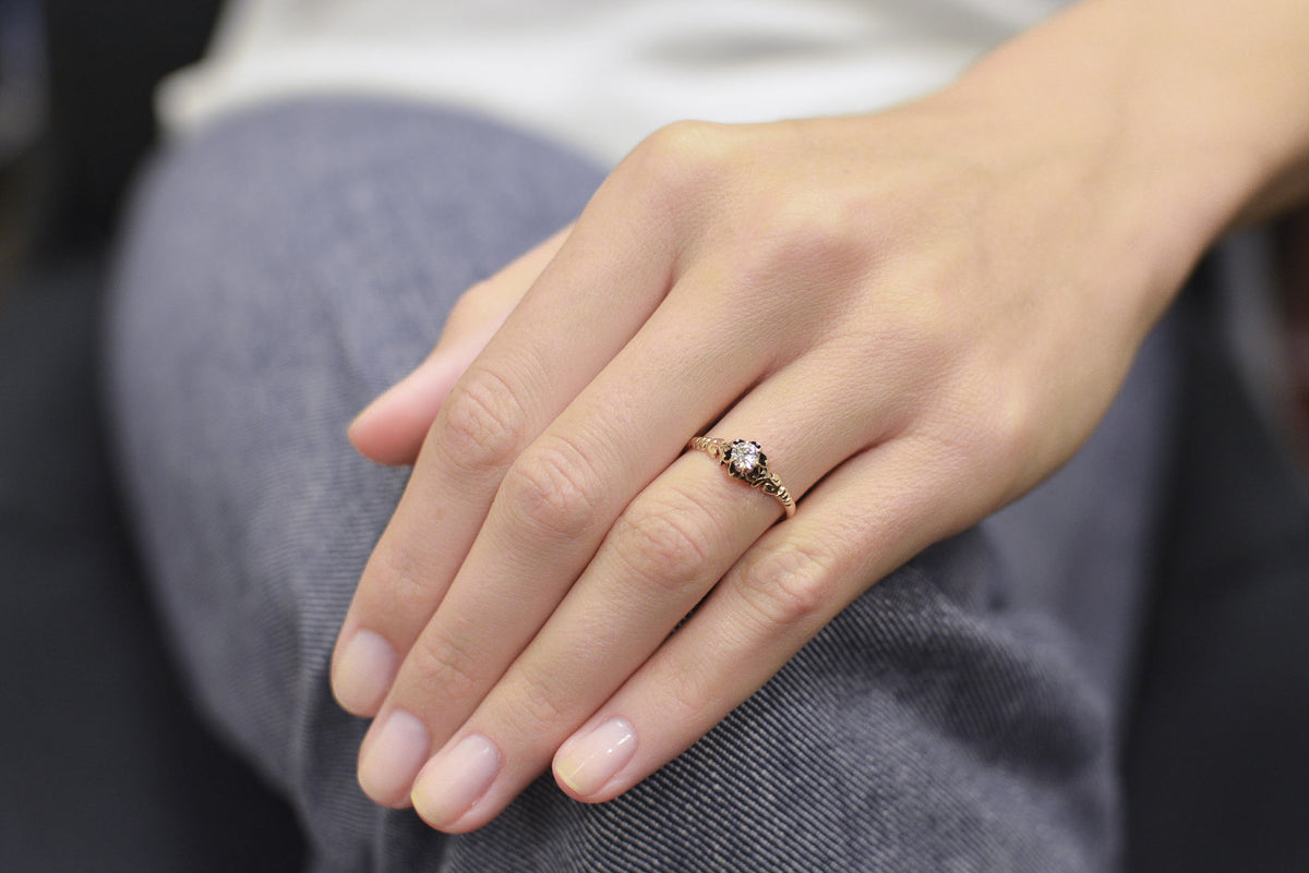 Antique Victorian Rose Gold Buttercup Engagement Ring with Old European Cut Diamond Center